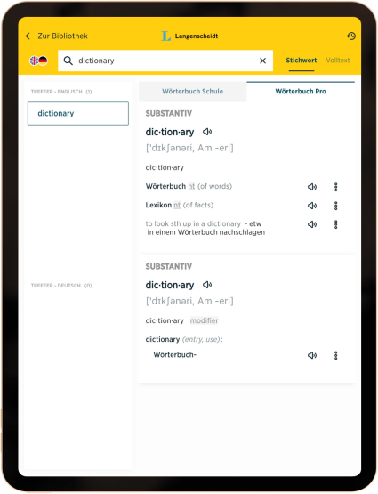 Auf einem Tablet-Bildschirm wird die Langenscheidt-App angezeigt, die Englisch-Deutsch-Wörterbucheinträge für das Wort Wörterbuch mit Definitionen und Aussprachehilfen enthält.