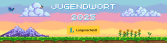 Pixel Art Landschaft mit Bergen, Wolken, Blumen und Vögeln, mit dem Text Jugendwort 2025 und einem Langenscheidt Logo in der Mitte.