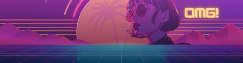 Ein digitales Kunstwerk im Retrostil mit Neonfarben, das eine Frau mit Sonnenbrille, Palmen, Berge und das Wort OMG! in fetter gelber Schrift zeigt.