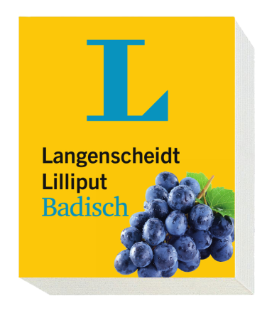 Ein Langenscheidt Lilliput Badisch Wörterbuch mit gelbem Einband, blauem L-Logo und der Abbildung einer Weintraube in der unteren rechten Ecke.
