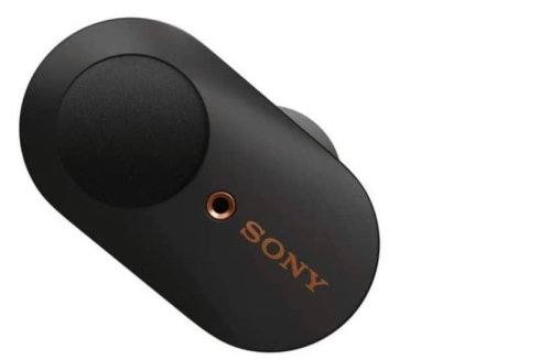 Ein schwarzer drahtloser Sony-Kopfhörer mit einer runden Taste und einem kupferfarbenen Akzent, von oben gesehen vor einem weißen Hintergrund.