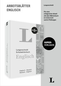 Umschlag eines Arbeitsbuchs mit dem Titel Arbeitsblätter Englisch mit einem Langenscheidt-Wörterbuch Englisch-Deutsch und einem Aufkleber mit dem Hinweis auf Kopiervorlagen.