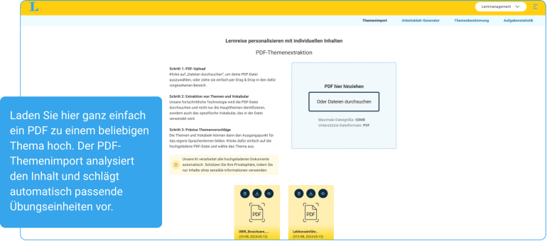 Screenshot einer Website-Schnittstelle zum Hochladen von PDF-Dateien mit Anweisungen zum Import von PDF-Themen und einer blauen Seitenleiste mit einer kurzen Anleitung zum Hochladen in deutscher Sprache.