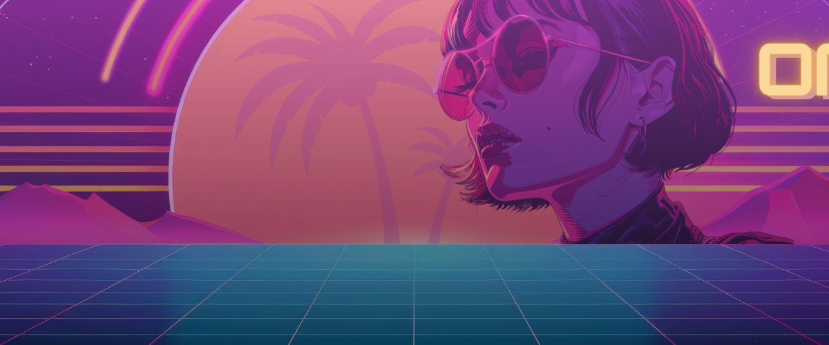 Ein digitales Kunstwerk im Retrostil mit Neonfarben, das eine Frau mit Sonnenbrille, Palmen, Berge und das Wort OMG! in fetter gelber Schrift zeigt.