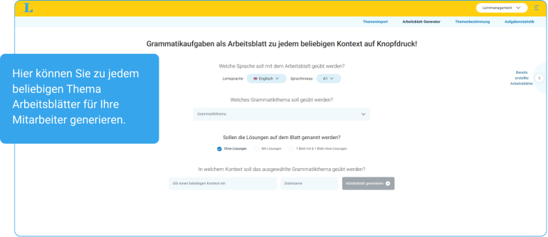 Screenshot einer Webschnittstelle zur Erstellung von Grammatikarbeitsblättern mit Optionen zur Auswahl von Sprache, Grammatikthema und Kontext. Ein blauer Kasten erklärt die Erstellung von Arbeitsblättern für jedes Thema.