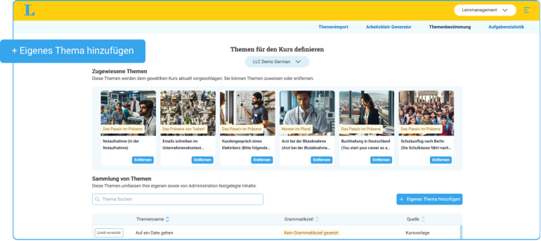 Screenshot einer Kursverwaltungsoberfläche, die zugewiesene Themen mit Bildern und Beschreibungen, eine Suchleiste und eine Schaltfläche zum Hinzufügen eines eigenen Themas auf der linken Seite zeigt.