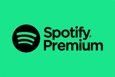 Spotify Premium-Logo auf grünem Hintergrund mit dem Spotify-Symbol und dem Schriftzug Spotify Premium in fetter schwarzer Schrift.