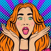 Pop-Art-Illustration einer Frau mit langen orangefarbenen Haaren, grünen Augen und rosafarbenen Lippen, die ihre Hände mit einem Ausdruck der Überraschung vor ihr Gesicht hält, mit einem bunten gepunkteten Hintergrund.