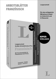 Umschlag eines deutschsprachigen Französisch-Arbeitsheftes mit einem Langenscheidt-Wörterbuch, mit Abschnitten zu Grammatik, Argumentation und Präsentation, beschriftet mit Kopiervorlagen.