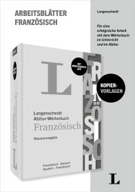 Umschlag eines Langenscheidt Arbeitsbuchs Französisch-Deutsch mit dem Titel, einem Bild des Wörterbuchs und Informationen über Kopiervorlagen für den Einsatz im Unterricht.