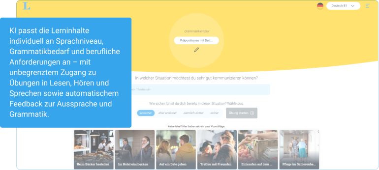 Eine Sprachlernplattform auf Deutsch mit einem hervorgehobenen Textfeld, das personalisiertes KI-gesteuertes Lernen und Feedback für Aussprache und Grammatik erklärt.