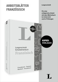 Umschlag eines Langenscheidt Französisch-Arbeitsheftes mit einem deutsch-französischen Wörterbuch, Piktogrammen und Texten zur Verwendung des Wörterbuchs im Unterricht und bei Prüfungen, mit einem Etikett für Kopiervorlagen.