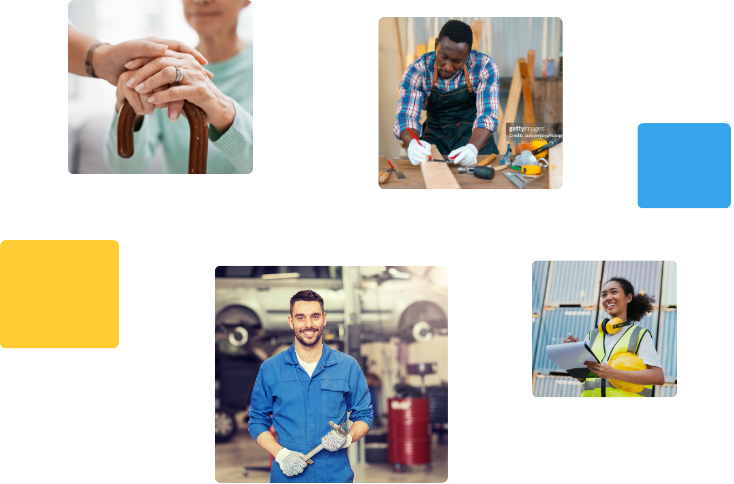 Eine Collage aus vier Fotos: ältere Menschen, die einen Stock halten, ein Mann, der mit Holz arbeitet, ein Mechaniker in einem blauen Overall und eine Frau in einer Sicherheitsweste, die ein Klemmbrett hält.