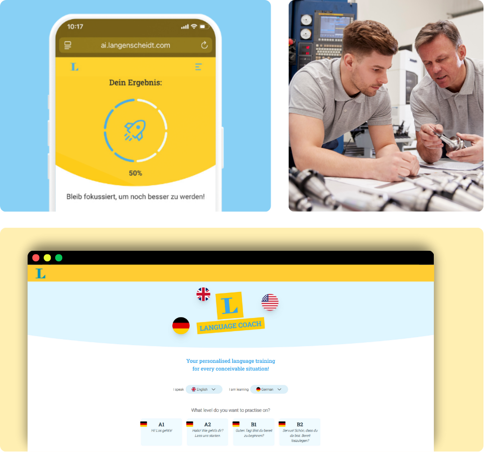 Ein Telefon zeigt eine Sprachlern-App an, zwei Männer diskutieren über technische Zeichnungen, und eine Website bietet personalisiertes Sprachtraining in Deutsch, Englisch und amerikanischem Englisch an.