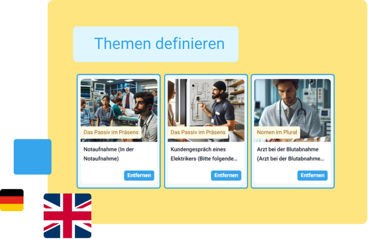 Eine Benutzeroberfläche zeigt drei deutsche Sprachlernthemen mit Bildern und Schaltflächen zum Entfernen unter dem Titel Themen definieren. Deutsche und britische Flaggen sind unten abgebildet.