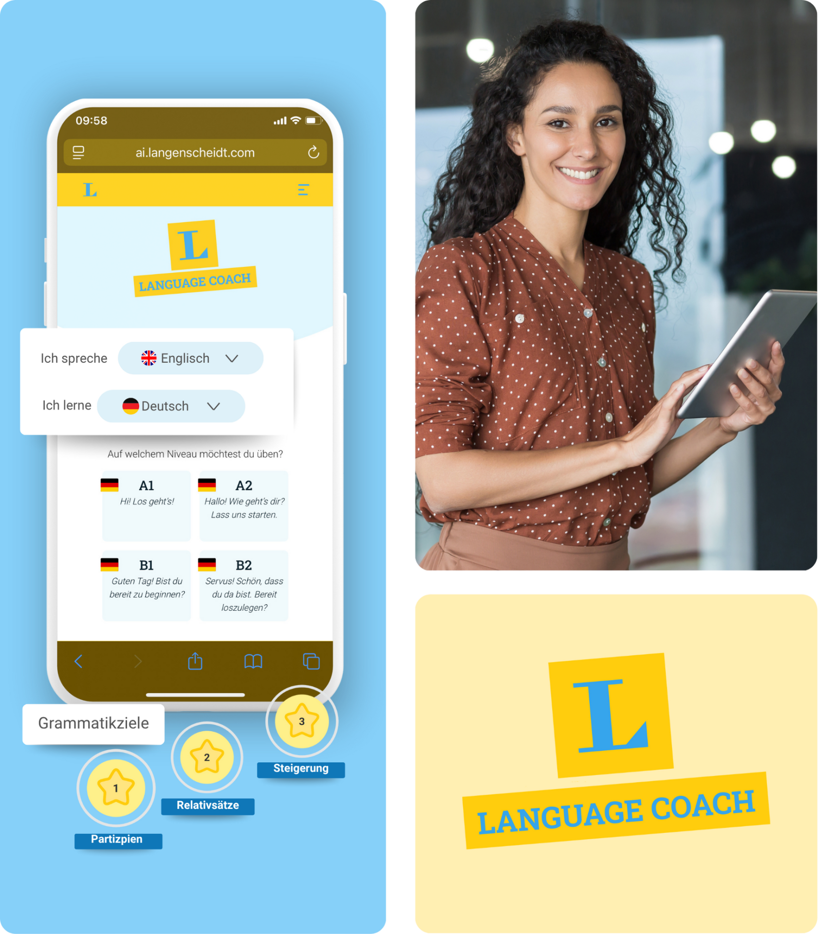 Eine Frau, die ein Tablet in der Hand hält, steht neben Screenshots einer Sprachlern-App auf einem Telefon, auf denen Deutschlernstufen und das Langenscheidt Language Coach-Logo angezeigt werden.