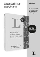 Umschlag eines deutschsprachigen französischen Arbeitsblattbuchs mit dem Titel Arbeitsblätter Französisch von Langenscheidt, mit dem Bild eines Wörterbuchs und einem Etikett mit Kopiervorlagen.