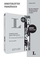 Umschlag eines deutschen Arbeitsbuchs mit dem Titel Langenscheidt Abitur-Wörterbuch Französisch mit fettgedrucktem Text und Graustufen-Design-Elementen.