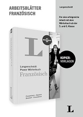 Umschlag eines deutschsprachigen Arbeitsbuchs mit dem Titel Arbeitsblätter Französisch mit einer Abbildung eines Langenscheidt-Wörterbuchs Französisch auf der Vorderseite.