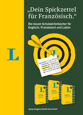 Werbung für Langenscheidt-Schulwörterbücher mit einer Dartscheibe mit drei gelben Pfeilen, Buchdeckeln für Französisch, Englisch und Latein sowie einem deutschen Text, der für Lernhilfen wirbt.