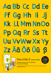 Tabelle des deutschen Alphabets mit Groß- und Kleinbuchstaben, einschließlich Ä, Ö, Ü und ß, mit Lehrbüchern und einem gelben Informationsfeld am unteren Rand.