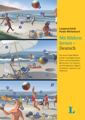 Menschen sind am Strand, sonnen sich, schwimmen und treiben Sport. Blaue Punkte heben verschiedene Objekte und Personen hervor, wahrscheinlich zu Sprachlernzwecken. Langenscheidt Deutsch Buchdeckel.
