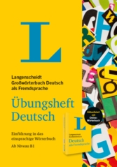 Umschlag des Langenscheidt Übungsheft Deutsch mit einem großen blauen L und bunten ausgeschnittenen Buchstaben auf gelbem Hintergrund.