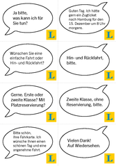 Ein Satz von acht deutschsprachigen Sprechblasen, die ein Gespräch über die Buchung eines Zugtickets darstellen, mit L-Logos in den Ecken.