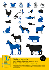 Eine Karte mit schwarzen und blauen Silhouetten verschiedener Tiere mit ihren deutschen Namen, darunter Katze, Hund, Huhn, Storch, Ziege, Kuh, Pferd, Schwein, Frosch, Kaninchen und Insekten.