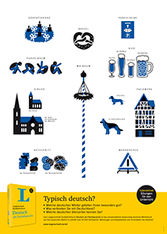 Eine Infografik mit blauen und schwarzen Symbolen, die typische deutsche Symbole darstellen, darunter Speisen, Getränke, Architektur, Tiere und Bräuche, begleitet von deutschen und englischen Beschreibungen.