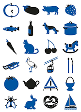 Raster aus 25 schwarzen und blauen Symbolen, die verschiedene Objekte und Tiere darstellen, darunter eine Tomate, einen Fisch, ein Schwein, eine Katze, Kirschen, einen Hund, einen Topf und ein Segelboot, angeordnet in fünf Reihen.
