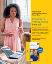 Eine Frau steht und gestikuliert, während sie zu einer Gruppe spricht; das Bild wirbt für ein Buch zum Erlernen der deutschen Sprache, mit dem man kurze Präsentationen im beruflichen Umfeld halten kann.