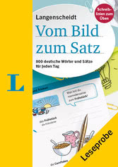 Umschlag des Buches Vom Bild zum Satz von Langenscheidt, mit Illustrationen, Text und einem gelben Banner mit der Aufschrift Leseprobe in der unteren rechten Ecke.