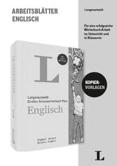Schwarz-Weiß-Abbildung eines Langenscheidt English Workbook mit dem Titel Langenscheidt Großes Schulwörterbuch Plus Englisch mit deutschem und englischem Text auf dem Einband.