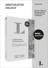 Schwarz-Weiß-Abbildung eines Buchumschlags eines Langenscheidt Englisch-Deutsch-Wörterbuchs mit dem Titel, dem Logo und einem Etikett für Kopiervorlagen für reproduzierbare Arbeitsblätter.
