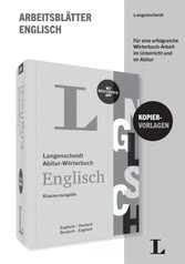 Umschlag eines deutsch-englischen Langenscheidt-Wörterbuchs mit dem Titel Englisch, mit Text zu Arbeitsblättern und Vorlagen für den Einsatz im Unterricht und bei Prüfungen.