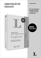 Schwarz-Weiß-Abbildung eines Buches mit dem Titel Arbeitsblätter Englisch von Langenscheidt, das Vorlagen zum Üben von Englischvokabeln und zur Kommunikation in der Schule enthält.