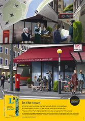 Illustration einer Straße in der Stadt mit gehenden Menschen, einem roten Bus, Sitzgelegenheiten im Freien im Blackfriars Restaurant, einem Briefkasten und einem Straßenschild mit Aufforderungen zum Erlernen der englischen Sprache am unteren Rand.