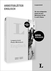 Schwarz-weißer Umschlag der Arbeitsblätter Englisch mit einem Wörterbuchbild, deutschem und englischem Text und einem Etikett mit Kopiervorlagen.