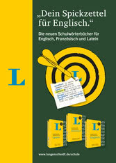 Werbeplakat für Langenscheidt-Schulwörterbücher mit einer Zielscheibe, drei Pfeilen und Buchdeckeln für englische, französische und lateinische Ausgaben.