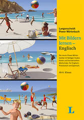 Der Einband zeigt drei illustrierte Strandszenen mit sonnenbadenden, spielenden und schwimmenden Menschen; der Titel lautet Mit Bildern lernen - Englisch von Langenscheidt.