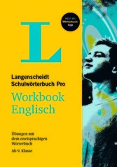 Umschlag von Langenscheidt Schulwörterbuch Pro Workbook Englisch, mit einem großen gelben L und dem Graustufenfoto eines jungen Mannes auf blauem und gelbem Hintergrund.