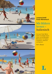 Buchumschlag mit drei Illustrationen von spielenden und sich entspannenden Menschen an einem Strand, mit deutschem Text über das Erlernen der italienischen Sprache anhand von Bildern.