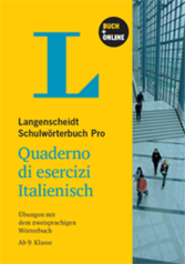Umschlag eines Arbeitsbuchs für die italienische Sprache mit dem Titel Quaderno di esercizi Italienisch von Langenscheidt, das Menschen zeigt, die in einem modernen Glasgebäude spazieren gehen.