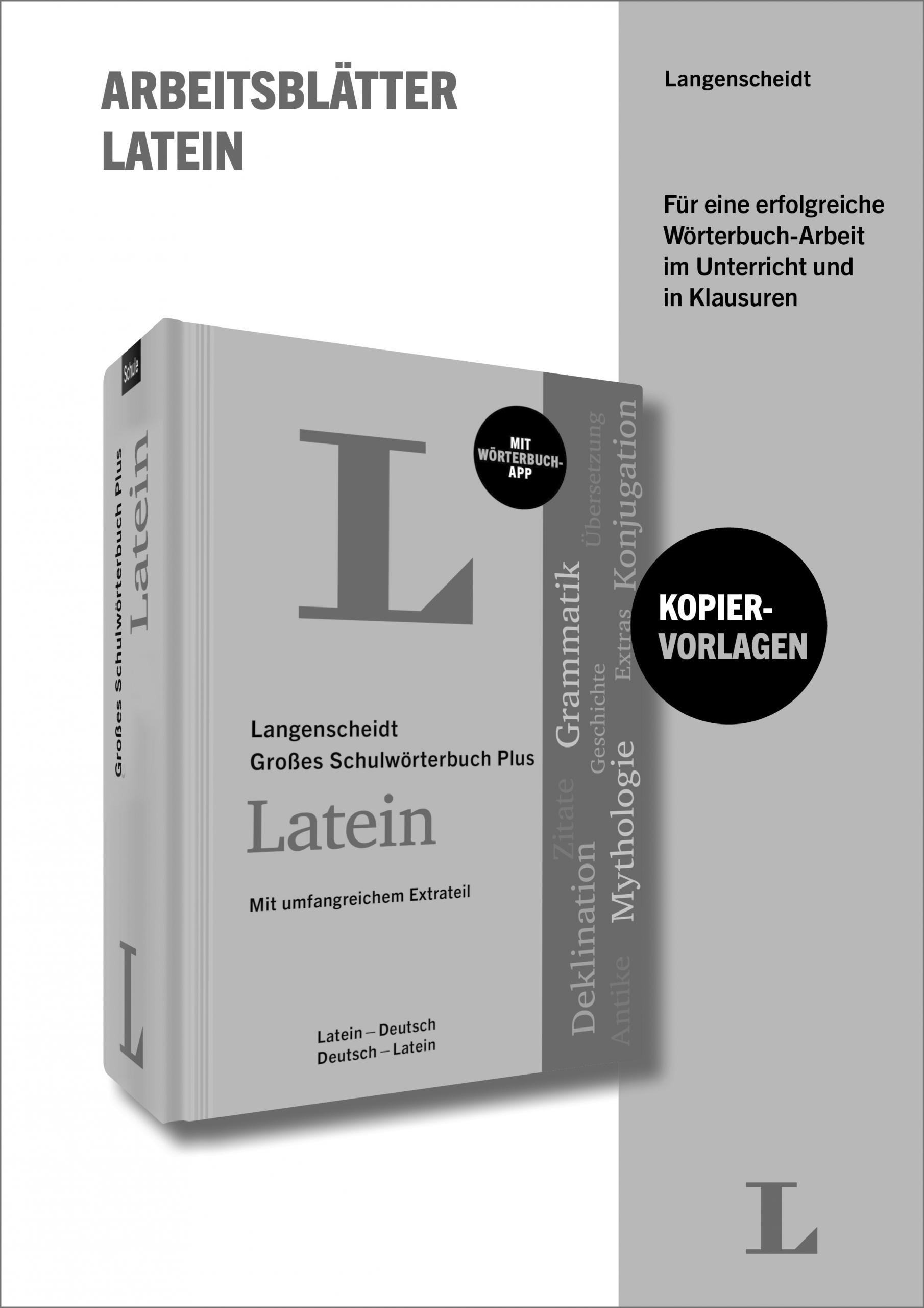 Umschlag eines deutschsprachigen lateinischen Arbeitsbuchs mit dem Titel Arbeitsblätter Latein mit Langenscheidt-Schriftzug und einem runden Etikett mit der Aufschrift Kopiervorlagen.