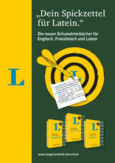 Ein gelbes und schwarzes Plakat mit einer Zielscheibe, drei Pfeilen und Büchern, die mit einem L für Langenscheidt betitelt sind, wirbt für Sprachwörterbücher für Englisch, Französisch und Latein.