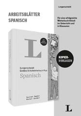 Umschlag eines deutschsprachigen Spanisch-Arbeitsbuches mit dem Titel Arbeitsblätter Spanisch von Langenscheidt, mit einer Abbildung des entsprechenden Lehrbuchs.
