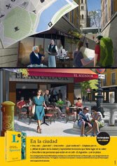 Eine Gruppe von Menschen sitzt an den Tischen eines Straßencafés in einer Stadt und unterhält sich, während andere vorbeigehen; in der unteren linken Ecke sind eine Zeitschrift und ein Buch abgebildet.