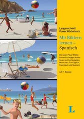 Cover eines deutsch-spanischen Sprachlernbuchs mit illustrierten Strandszenen, die Menschen zeigen, die mit einem Strandball spielen, sich unter Sonnenschirmen entspannen und am Meer spazieren gehen.