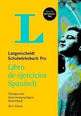 Umschlag des Langenscheidt Schulwörterbuchs Pro Libro de ejercicios Spanisch mit einem großen gelben L und einem Graustufenfoto einer Person, die nach oben schaut.